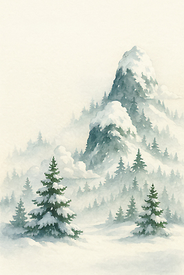 JPG 나무 겨울 일러스트 자연 산 풍경 고요 등산 탐험 흰색 소나무 숲속 숲 경관 눈덮임 차분 국내일러스트 AI일러스트 AI콘텐츠 식물 계절 컬러 컨셉 트래킹 생태계 파일형식