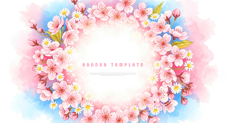JPG 디자인 배너 기념일 꽃 예술 분홍색 컬러 백그라운드 일러스트 자연 수채화 프레임 이벤트 그래픽 장식 봄 벚꽃 화사함 활용 국내일러스트 AI일러스트 AI콘텐츠 식물 계절 컨셉 생태계 파일형식