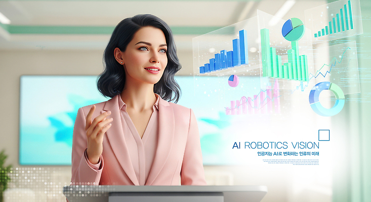 JPG 편집이미지 여자 그래프 기술 사무실 유행 디지털 자료 정보 발표 로봇 모던 비전 혁명 전문 AI_인공지능 이미지편집 AI컴퓨터그래픽 AI콘텐츠 컨셉 비즈니스 사람 파일형식