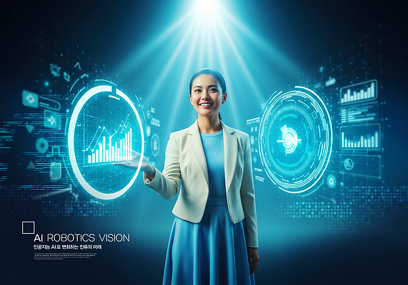 JPG 편집이미지 드레스 여자 그래프 미래 기술 컴퓨터 자료 정보 발표 로봇 비전 혁명 서류판 AI_인공지능 이미지편집 AI컴퓨터그래픽 AI콘텐츠 옷 컨셉 사람 전자제품 사무용품 파일형식