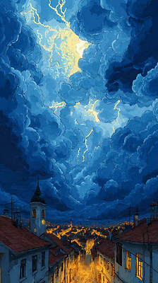 JPG 예술 컬러 일러스트 자연 하늘 날씨 조명 풍경 건물 그래픽 파란색 황혼 회색 도시 저녁 번개 국내일러스트 AI일러스트 AI콘텐츠 건축물 일몰 야간 생태계 파일형식