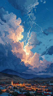 JPG 일러스트 자연 하늘 날씨 산 밝음 풍경 파란색 빛 평화 어둠 일몰 기상 대기 전기에너지 저녁 번개 천연 국내일러스트 AI일러스트 AI콘텐츠 컬러 컨셉 모션 노을 에너지 야간 생태계 파일형식