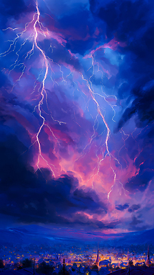 JPG 컬러 일러스트 자연 하늘 날씨 파란색 보라색 힘 기상 대기 전기에너지 저녁 번개 폭풍 생동감 현상 국내일러스트 AI일러스트 AI콘텐츠 모션 에너지 야간 생태계 파일형식