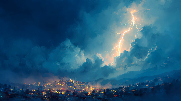JPG 컬러 하늘색 일러스트 자연 하늘 날씨 풍경 빛 반짝임 어둠 힘 도시 전기에너지 저녁 번개 폭풍 전경 국내일러스트 AI일러스트 AI콘텐츠 모션 파란색 에너지 야간 생태계 파일형식 탑뷰