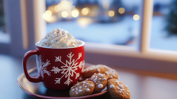 JPG 편집이미지 크리스마스 겨울 집안 휴식 디저트 조명 쿠키 눈송이 분위기 창가 즐거움 제빵 감성 코코아 따뜻한음료 편집실사 AI포토 AI콘텐츠 계절 기념일 감정 음료 음식 컨셉 창문 눈_날씨 실내 제과제빵 CG 파일형식