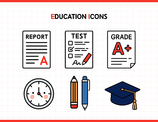 학생 교육 시계 일러스트 학사모 성공 그래픽 학습 연필 펜 시험 보고서 성적 과제 평가 국내일러스트 AI파일 모자_잡화 컨셉 졸업 학용품 필기구 파일형식 벡터