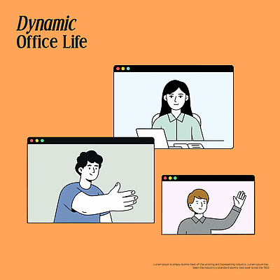 일러스트 협력 기술 여러명 비즈니스라이프 컴퓨터 사무실 스크린 인사 업무 작업 직장인 연결 동료 온라인 소통 화상통화 상호작용 국내일러스트 AI파일 직업 라이프스타일 다수 컨셉 비즈니스 관계 사람 전자제품 예절 통화 파일형식 벡터