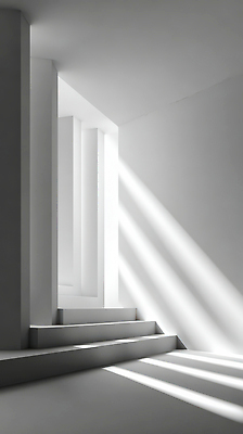 JPG 모양 편집이미지 디자인 실내 그림자 빛 햇빛 계단 공간 흰색 구조물 집중 모던 기하학 단순화된 편집실사 AI컴퓨터그래픽 AI콘텐츠 건축 컬러 컨셉 무늬 내부 태양 CG 파일형식