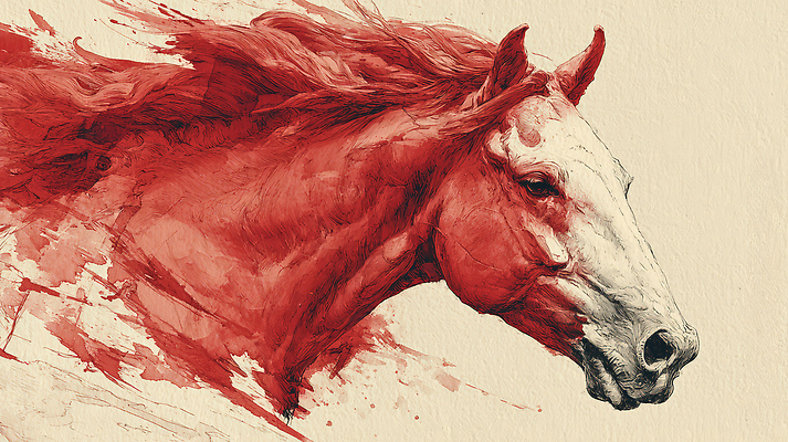 JPG 동물 디자인 감정 예술 일러스트 수채화 빨간색 터치 흰색 표현 말 말_동물 그림 캔버스 조화 초상화 색채 생동감 창의력 국내일러스트 병오년 붉은말 AI일러스트 AI콘텐츠 컬러 포유류 파일형식 2026년