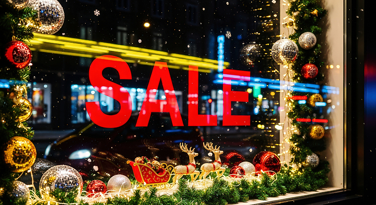 JPG 편집이미지 크리스마스 창문 조명 거리 여러명 장식 빨간색 쇼핑 크리스마스트리 세일 상점 금색 오브젝트 이미지편집 AI컴퓨터그래픽 AI콘텐츠 기념일 컬러 다수 사람 파일형식