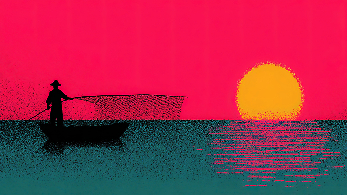 JPG 실루엣 바다 컬러 일러스트 자연 낚시 어류 어업 풍경 태양 평화 노을 일몰 수확 그물 어선 수면 어부 조용 수평선 국내일러스트 자연요소 직업 산업 컨셉 농업 배_교통 레저 촬영기법 물 수중동물 생태계 파일형식