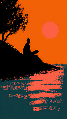 JPG 나무 실루엣 문화 여유 물결 바다 컬러 일러스트 자연 휴식 사람 풍경 해변 책 독서 햇빛 태양 평화 고요 일몰 산책 저녁 국내일러스트 AI일러스트 AI콘텐츠 자연요소 식물 감정 컨셉 촬영기법 노을 야간 생태계 파일형식