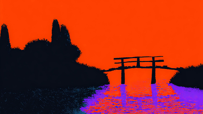 JPG 나무 실루엣 여유 물결 컬러 일러스트 자연 하늘 거리 풍경 물 태양 반사 고요 일몰 수면 저녁 조화 국내일러스트 AI일러스트 AI콘텐츠 자연요소 식물 감정 촬영기법 노을 야간 생태계 파일형식