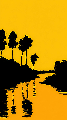 JPG 나무 여유 일러스트 자연 하늘 그림자 풍경 물 여름 강 태양 반사 평화 일몰 저녁 숲 강가 생태계 조용 국내일러스트 AI일러스트 AI콘텐츠 자연요소 식물 계절 감정 컨셉 노을 야간 파일형식