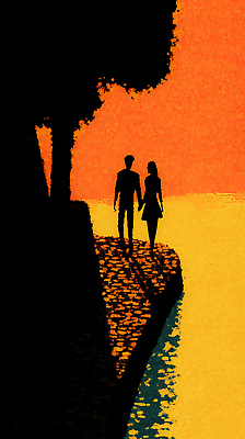 JPG 커플 실루엣 일러스트 자연 하늘 휴식 사랑 풍경 여름 태양 걷기 노을 손잡기 고요 산책 로맨틱 수면 저녁 강가 조화 국내일러스트 AI일러스트 AI콘텐츠 자연요소 계절 감정 컨셉 관계 모션 촬영기법 물 강 야간 생태계 파일형식