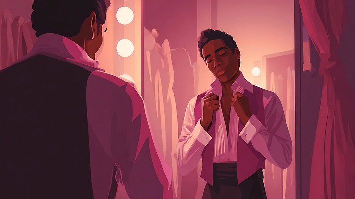 JPG 옷 남자 예술 포즈 셔츠 일러스트 조명 따뜻함 공연 거울 무대 춤 자신감 준비 화장대 정리 드레스룸 아티스트 스타일 국내일러스트 AI일러스트 AI콘텐츠 직업 감정 가구 상의 문화예술 사람 이벤트 파일형식