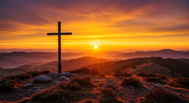 JPG 편집이미지 십자가 자연 하늘 산 풍경 야외 일출 노을 고요 일몰 언덕 경관 편집실사 AI포토 AI콘텐츠 자연요소 CG 생태계 파일형식