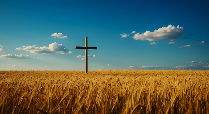 JPG 편집이미지 종교 상징 십자가 자연 풍경 여름 농장 평화 고요 금색 밀밭 편집실사 AI포토 AI콘텐츠 계절 컬러 컨셉 밭 농업 밀 CG 생태계 파일형식