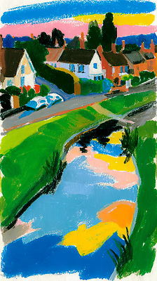 JPG 나무 유럽 예술 컬러 일러스트 자연 하늘 거리 주택 풍경 초원 물 파란색 반짝임 강 평화 시골 그림 조화 유럽여행 오후 국내일러스트 AI일러스트 AI콘텐츠 자연요소 식물 나라 해외여행 컨셉 모션 건물 생태계 파일형식