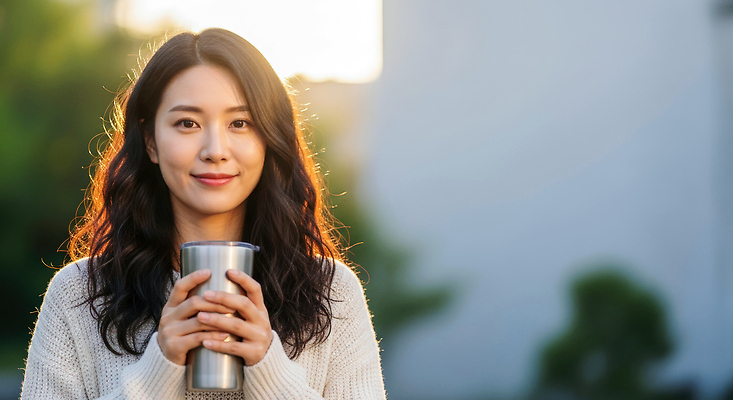 JPG 편집이미지 여자 음료 자연 휴식 따뜻함 미소 웃음 잔디 야외 햇빛 카페 편안함 조용 뷰티풀 순간 텀블러 의료성형뷰티 편집실사 AI인물포토 AI콘텐츠 식물 컨셉 표정 사람 컵 태양 상점 감각 CG 생태계 파일형식 AI포토