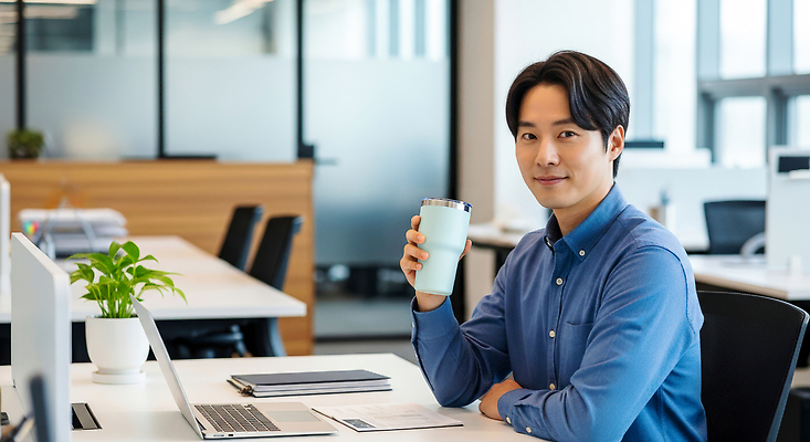 JPG 편집이미지 남자 커피 탁자 직장 대화 미소 사람 컴퓨터 사무실 공간 업무 작업 편안함 동료 모던 텀블러 의료성형뷰티 편집실사 AI인물포토 AI콘텐츠 음료 가구 회사 비즈니스 관계 표정 말하기 컵 전자제품 감각 CG 파일형식 AI포토