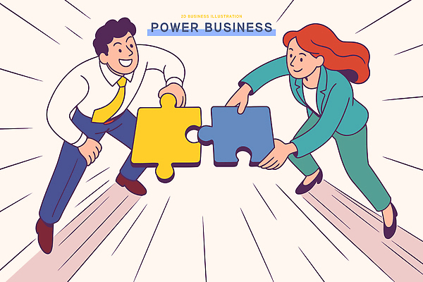 여자 남자 컬러 일러스트 비즈니스 관계 성공 협력 아이디어 직장 사무실 도전 업무 퍼즐 목표 전략 조화 문제해결 창의성 국내일러스트 AI파일 컨셉 회사 사람 작업 파일형식 벡터