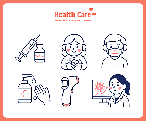 일러스트 의학 건강 관리 주사기 그래픽 치료 환자 의사 질병 체온계 상담 예방 면역력 백신 손소독제 국내일러스트 AI파일 의료기기 의료진 온도계 소독제 파일형식 벡터