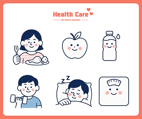 어린이 음식 채소 과일 일러스트 휴식 건강 생활 물 운동 헬스 수면 균형 먹기 체중계 국내일러스트 AI파일 자연요소 컨셉 모션 사람 파일형식 벡터