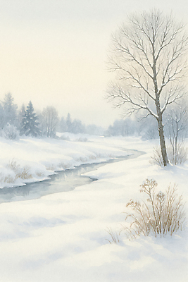 JPG 나무 겨울 일러스트 자연 아침 풍경 강 평화 흐름 흰색 눈 차가움 숲 강가 서리 조용 청명 겨울풍경 국내일러스트 AI일러스트 AI콘텐츠 주간 자연요소 식물 계절 컬러 컨셉 날씨 생태계 파일형식