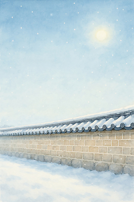 JPG 전통 건축 겨울 일러스트 자연 한옥 한국 풍경 담장 햇빛 일출 얼음 고요 시골 눈 기온 흰눈 국내일러스트 AI일러스트 AI콘텐츠 자연요소 한국전통 계절 아시아 고건축 날씨 눈_날씨 태양 노을 생태계 파일형식
