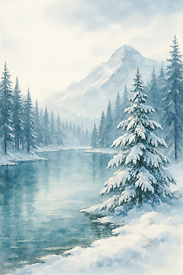 JPG 나무 겨울 일러스트 자연 하늘 산 풍경 물 평화 고요 안개 눈 저수지 차가움 숲 조화 산수화 수목 국내일러스트 AI일러스트 AI콘텐츠 자연요소 식물 계절 컨셉 날씨 동양화 생태계 파일형식