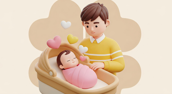 JPG 편집이미지 행복 감정 어린이 가족 따뜻함 표정 사랑 귀여움 꿈 육아 아기 아빠 보호 포근함 아기침대 육아대디 편집3D AI컴퓨터그래픽 AI콘텐츠 컨셉 관계 사람 3D 아기용품 침대 감각 파일형식