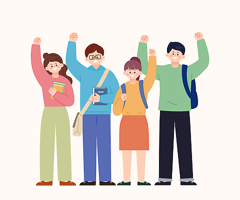 학생 대학생 컬러 일러스트 응원 모션 협력 대학생라이프 표정 밝음 웃음 친구 학습 손들기 캠퍼스라이프 기쁨 에너지 시간 그룹 즐거움 긍정 소통 공동체 국내일러스트 AI파일 라이프스타일 교육 감정 컨셉 관계 파일형식 벡터