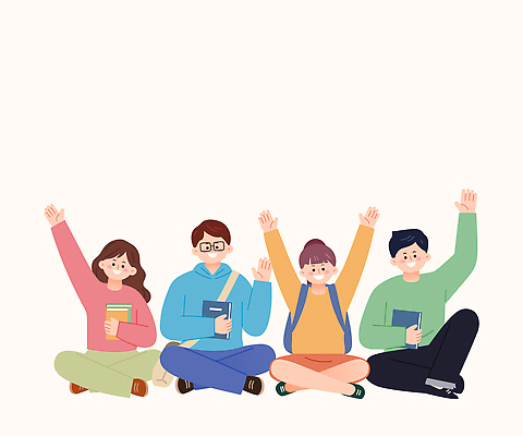 학생 교육 대학생 일러스트 모션 수업 대학생라이프 아이디어 대화 앉기 책 친구 학습 손들기 캠퍼스라이프 활발 교양 정보 강의 질문 집중 반응 참여 국내일러스트 AI파일 라이프스타일 컨셉 관계 말하기 파일형식 벡터