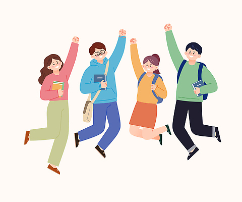 대학생 일러스트 모션 청소년 협력 대학생라이프 웃음 책 친구 학습 캠퍼스라이프 점프 공책 기쁨 자유 그룹 소중 즐거움 대학교 소통 순간 국내일러스트 AI파일 학생 라이프스타일 교육 감정 컨셉 학교 관계 문구용품 표정 사람 파일형식 벡터