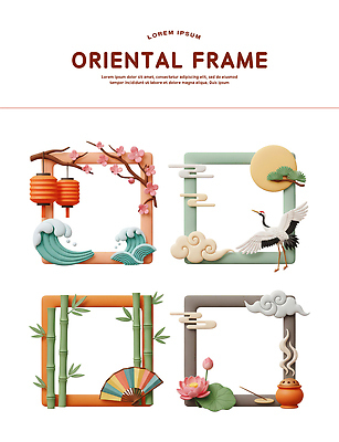 PSD 편집이미지 전통 디자인 꽃 컬러 자연 프레임 연꽃 장식 태양 학 오리엔탈 대나무 풍선 편집3D 자연요소 나무 식물 조류 3D 생태계 파일형식