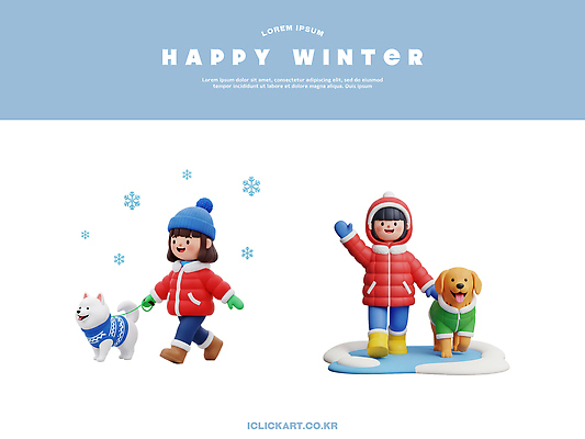 PSD 편집이미지 행복 감정 어린이 겨울 눈사람 풍경 반려동물 산책 눈송이 강아지 즐거움 순간 편집3D 동물 계절 휴식 눈_날씨 사람 3D 개 파일형식