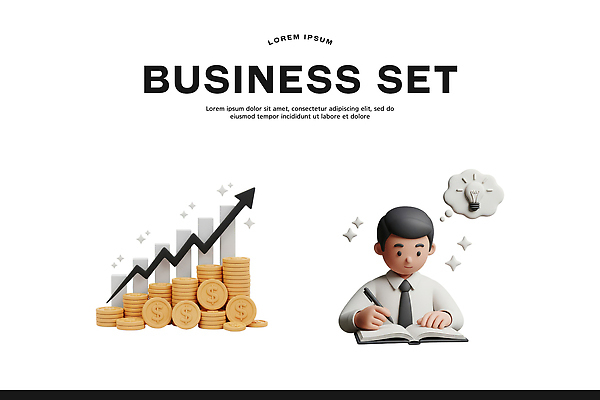 PSD 편집이미지 돈 생각 비즈니스 그래프 사람 경제 세트 동전 성장 메모지 투자 상승 이미지 회계 재정 편집3D 컨셉 3D 사무용품 재산 파일형식