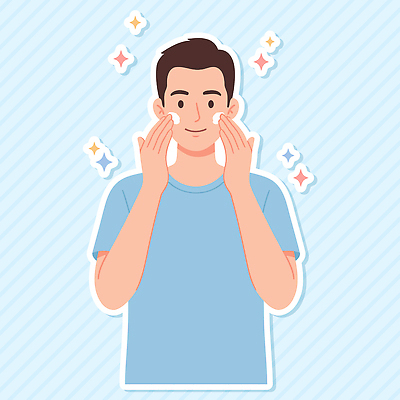 손 웰빙 남자 행복 감정 얼굴 하늘색 셔츠 일러스트 모션 표정 미소 반짝임 청춘 자신감 편안함 일과 스킨케어 자기관리 국내일러스트 AI파일 컨셉 상의 사람 신체부위 파란색 뷰티 감각 파일형식 벡터