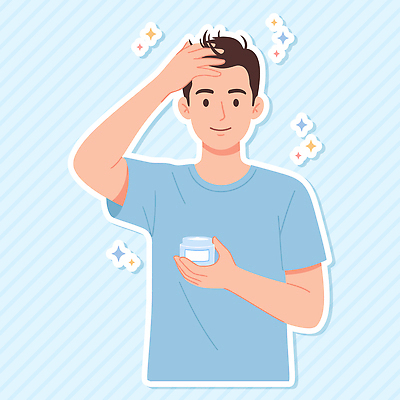 손 남자 행복 감정 얼굴 티셔츠 일러스트 미소 일상 화장 청결 화장품 피부 크림 피부관리 스킨케어 밝은색 자기관리 국내일러스트 AI파일 셔츠 표정 사람 라이프 신체부위 뷰티 위생 파일형식 벡터