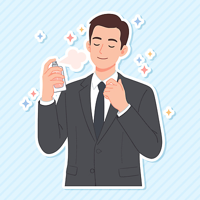 패션 남자 감정 여유 일러스트 표정 미소 정장 일상 자신감 편안함 뿌리기 향수 이미지 장면 부드러움 스타일 국내일러스트 AI파일 옷 모션 사람 라이프 화장품 감각 파일형식 벡터