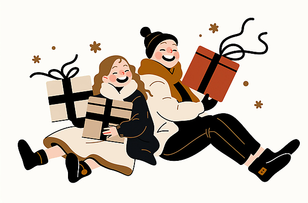 JPG 기념일 행복 감정 어린이 크리스마스 겨울 일러스트 동화 선물 사랑 미소 웃음 두명 장식 친구 상자 파티 축제 즐거움 국내일러스트 계절 관계 표정 사람 이벤트 파일형식