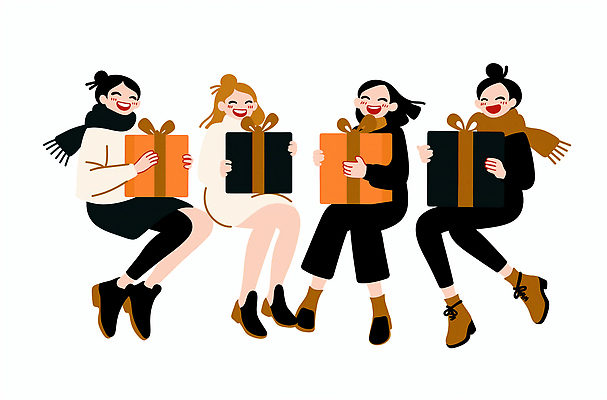 JPG 여자 기념일 행복 컬러 겨울 일러스트 모션 선물포장 선물 웃음 친구 기쁨 모임 만남 축하 즐거움 교류 화기애애 국내일러스트 AI일러스트 AI콘텐츠 계절 감정 컨셉 포장 관계 표정 사람 이벤트 파일형식