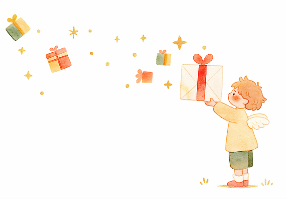 JPG 캐릭터 행복 어린이 크리스마스 날개 일러스트 동화 천사 선물 판타지 축제 기쁨 꿈 소원 마법 상상력 국내일러스트 AI일러스트 AI콘텐츠 기념일 감정 상상 사람 파일형식