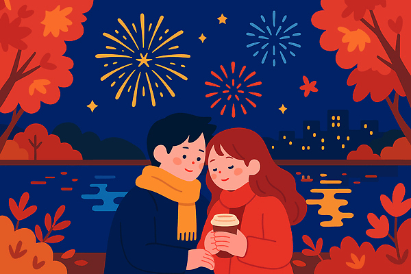 커플 기념일 음료 단풍 프로포즈 야경 일러스트 하늘 불꽃놀이 따뜻함 사랑 풍경 카페 도시 소중 Autumn 국내일러스트 AI파일 감정 컨셉 잎 관계 놀이 이벤트 상점 야간 파일형식 벡터 풍경_경치