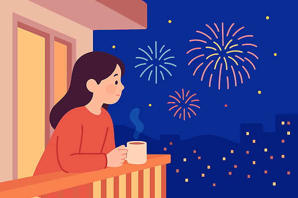 행복 감정 일러스트 하늘 불꽃놀이 따뜻함 풍경 소녀 이벤트 감상 발코니 도시 시간 저녁 즐거움 국내일러스트 AI파일 여자 어린이 놀이 야간 파일형식 벡터