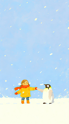 JPG 동물 행복 감정 컬러 겨울 일러스트 자연 하늘 따뜻함 소녀 일상 친구 노란색 설원 외투 눈송이 즐거움 펭귄 장면 국내일러스트 AI일러스트 AI콘텐츠 계절 여자 어린이 상의 관계 조류 눈_날씨 라이프 생태계 파일형식
