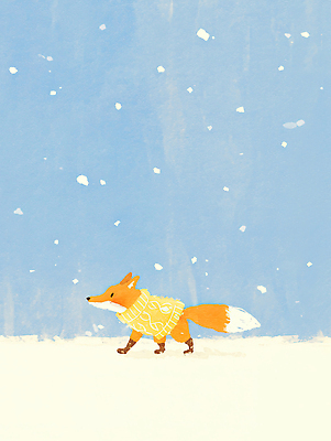 JPG 나무 동물 행복 컬러 겨울 일러스트 상상 자연 하늘 풍경 걷기 귀여움 눈송이 닫기 스웨터 여우 조화 국내일러스트 식물 계절 감정 컨셉 상의 포유류 모션 눈_날씨 생태계 파일형식