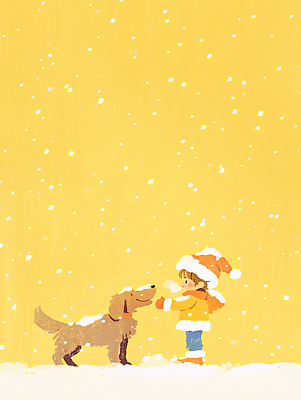 JPG 나무 동물 행복 어린이 겨울 일러스트 가족 자연 놀이 아침 반려동물 주황색 아기 강아지 즐거움 장면 스노우 국내일러스트 주간 식물 계절 감정 컬러 관계 사람 개 생태계 파일형식