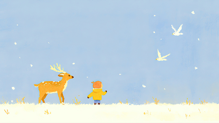 JPG 동물 캐릭터 어린이 겨울 일러스트 자연 하늘 동화 사슴 풍경 초원 평화 환경 눈송이 그림 조용 자연관찰 국내일러스트 AI일러스트 AI콘텐츠 계절 컨셉 포유류 눈_날씨 사람 관찰 생태계 파일형식